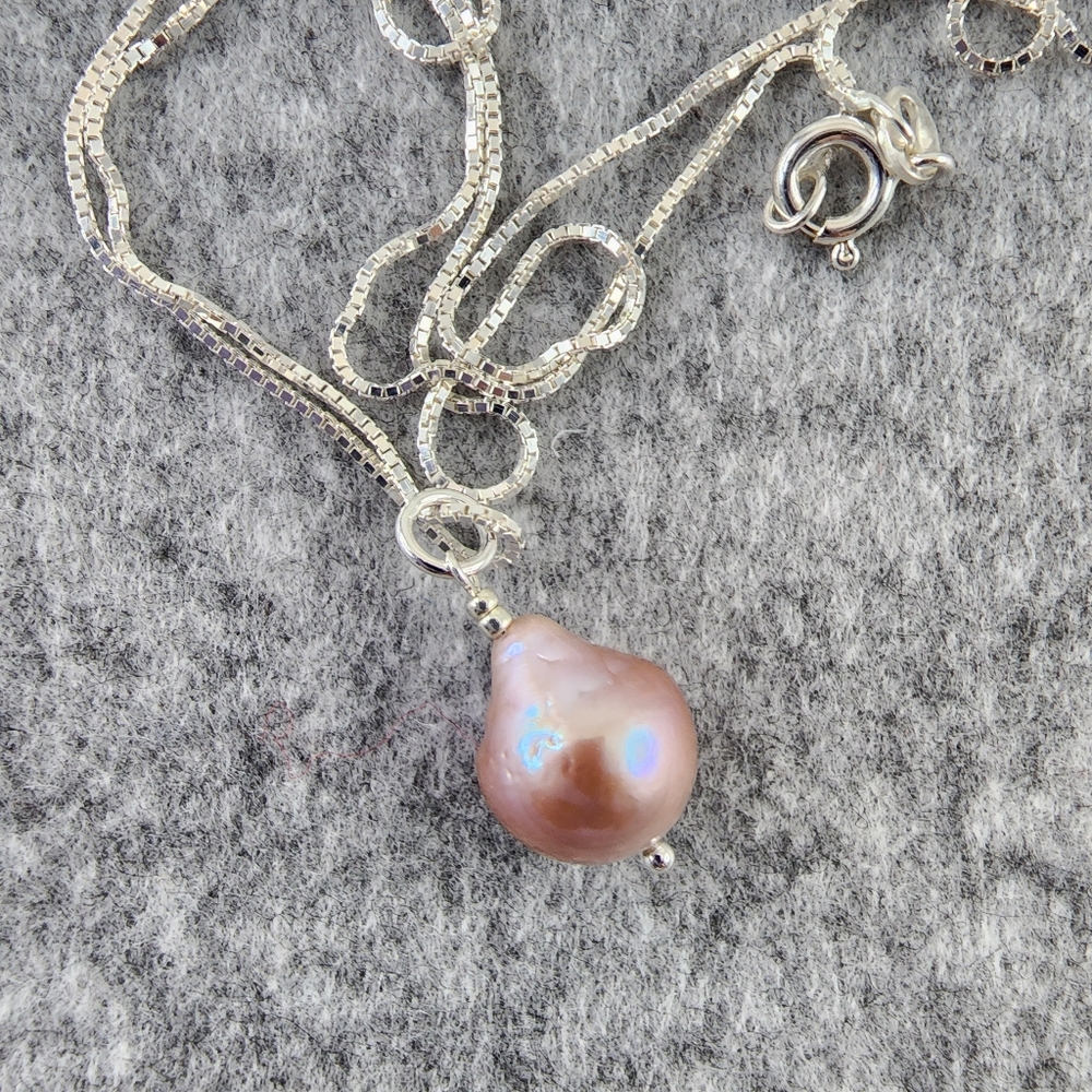 Blush pearl pendant necklace Italian 925 sterling silver large baroque pearl - Picture 4 of 8